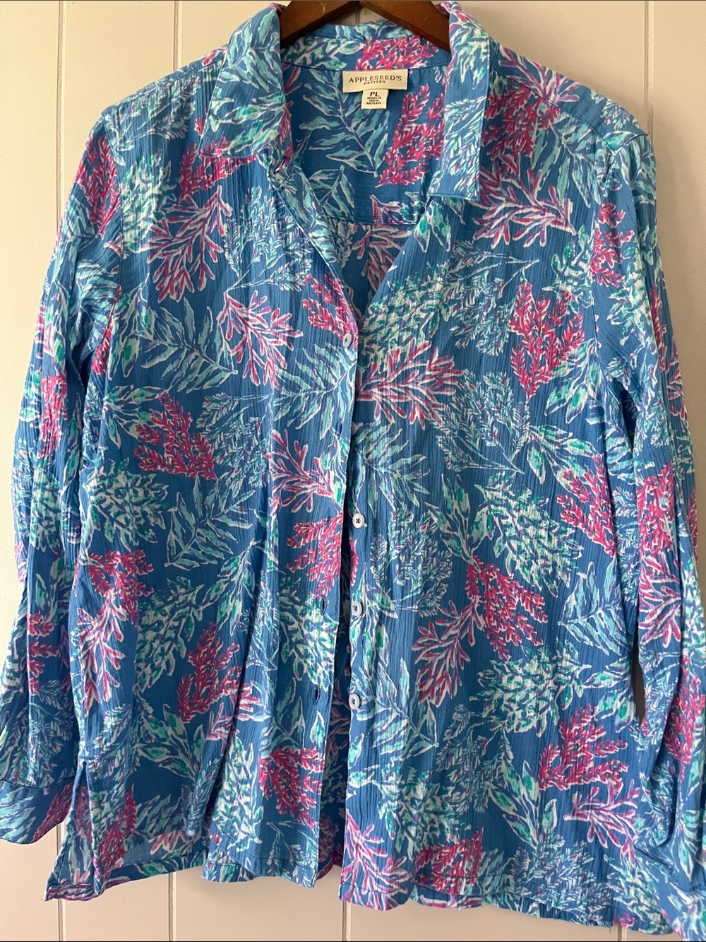 Appleseed's Blue Tropical Leaf Button-Up Shirt with Pink and Mint Accents